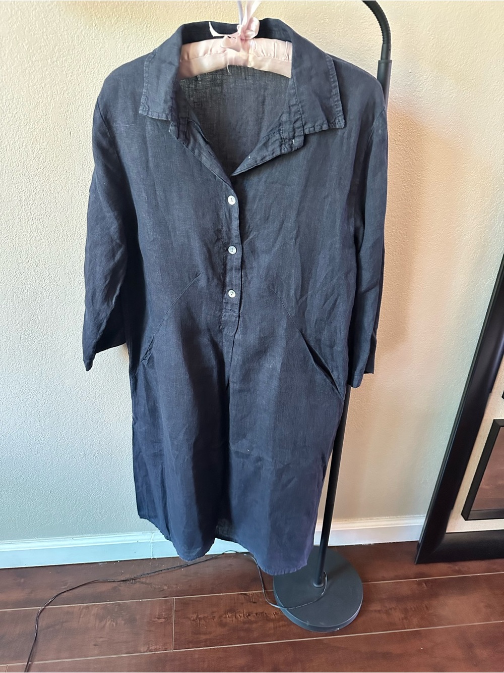 Helena Black Linen Made in Italy  Top with Cream Label Detail